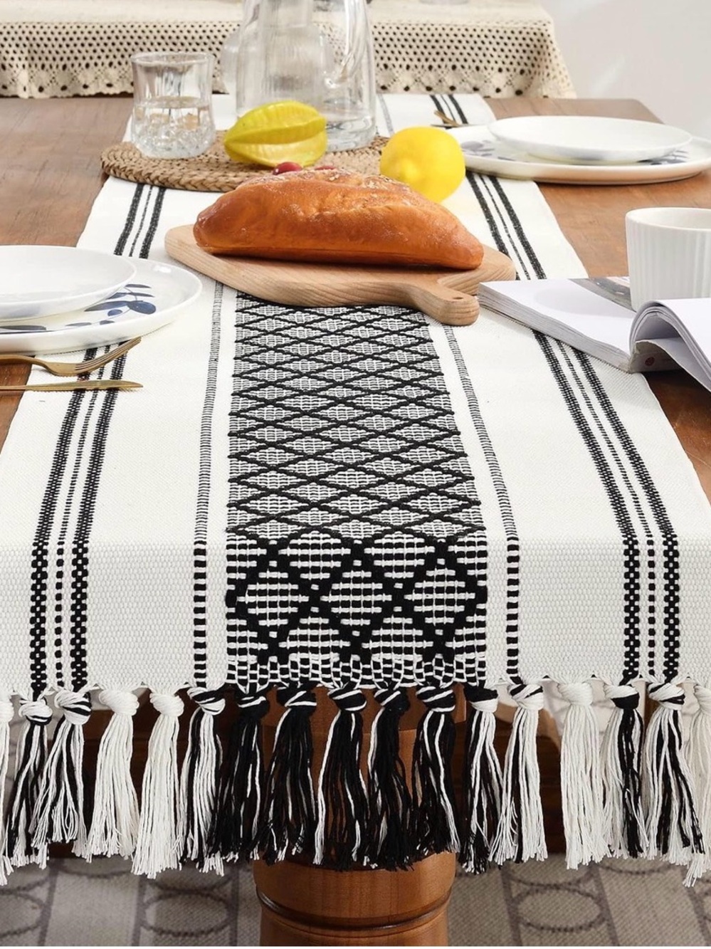 Black & White Geometric Tassel Table Runner - Home Dining 90” Long Farmhouse